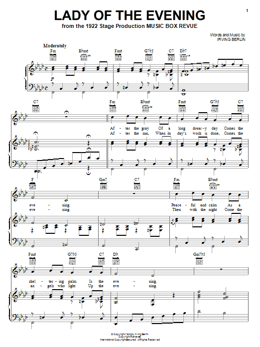 Irving Berlin Lady Of The Evening sheet music notes and chords arranged for Piano, Vocal & Guitar Chords (Right-Hand Melody)