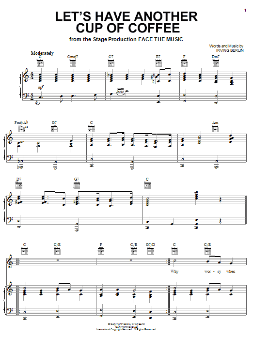 Irving Berlin Let's Have Another Cup O' Coffee sheet music notes and chords arranged for Piano, Vocal & Guitar Chords (Right-Hand Melody)