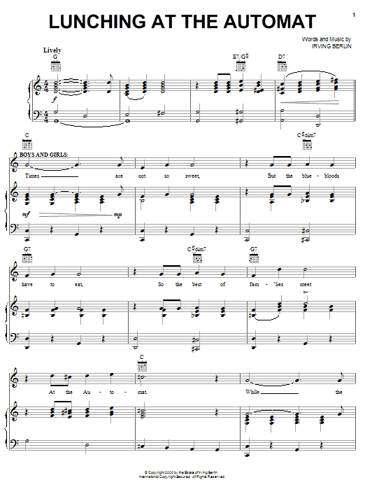 Irving Berlin Lunching At The Automat sheet music notes and chords arranged for Piano, Vocal & Guitar Chords (Right-Hand Melody)