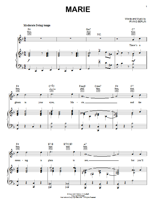 Irving Berlin Marie sheet music notes and chords arranged for Piano, Vocal & Guitar Chords (Right-Hand Melody)