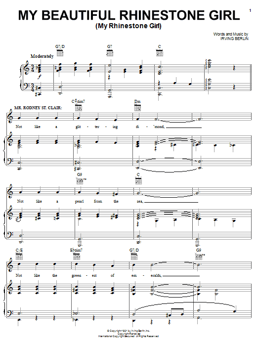 Irving Berlin My Beautiful Rhinestone Girl (My Rhinestone Girl) sheet music notes and chords arranged for Piano, Vocal & Guitar Chords (Right-Hand Melody)