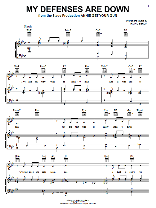 Irving Berlin My Defenses Are Down sheet music notes and chords arranged for Piano, Vocal & Guitar Chords (Right-Hand Melody)
