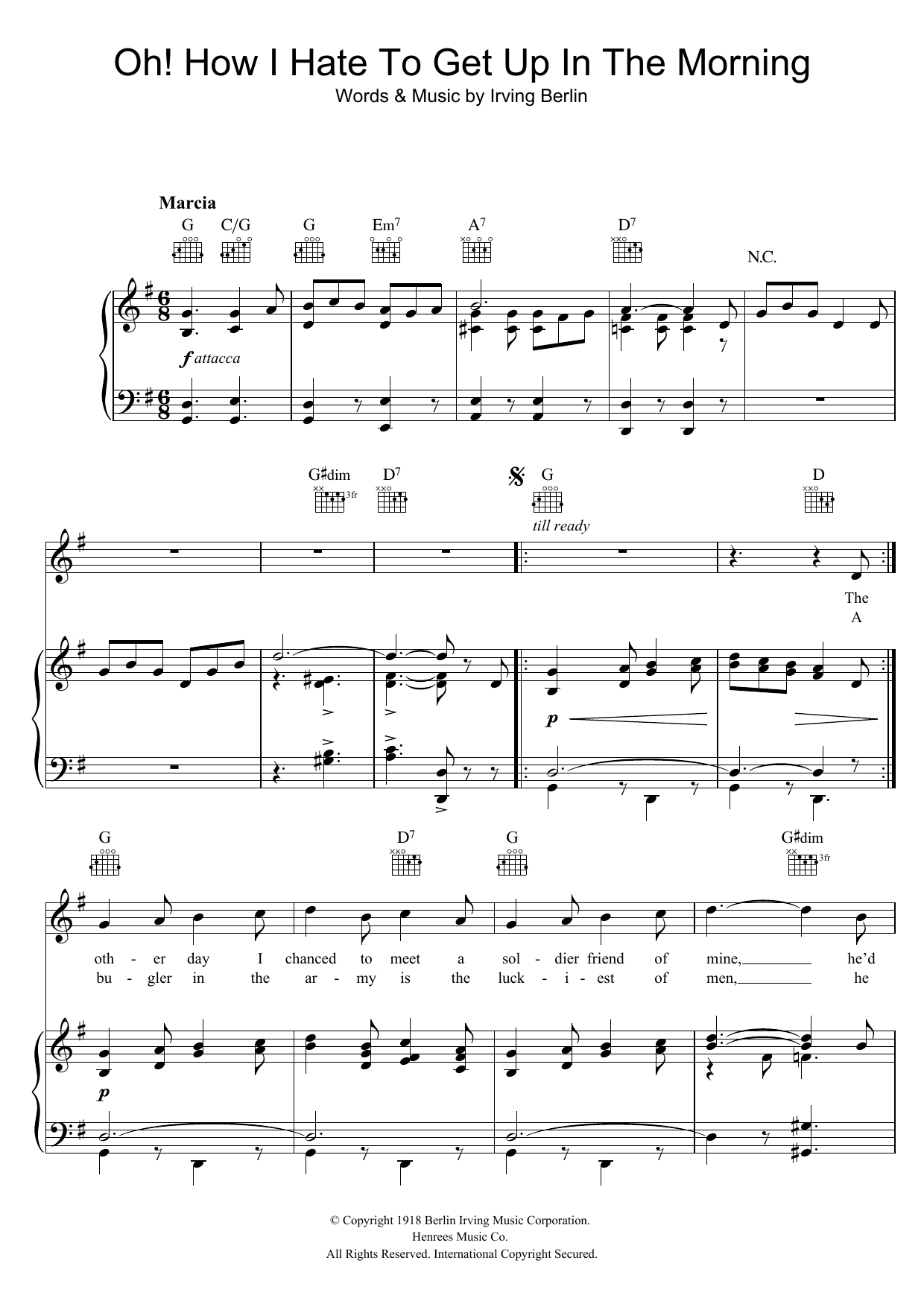 Irving Berlin Oh, How I Hate To Get Up In The Morning sheet music notes and chords arranged for Piano, Vocal & Guitar Chords
