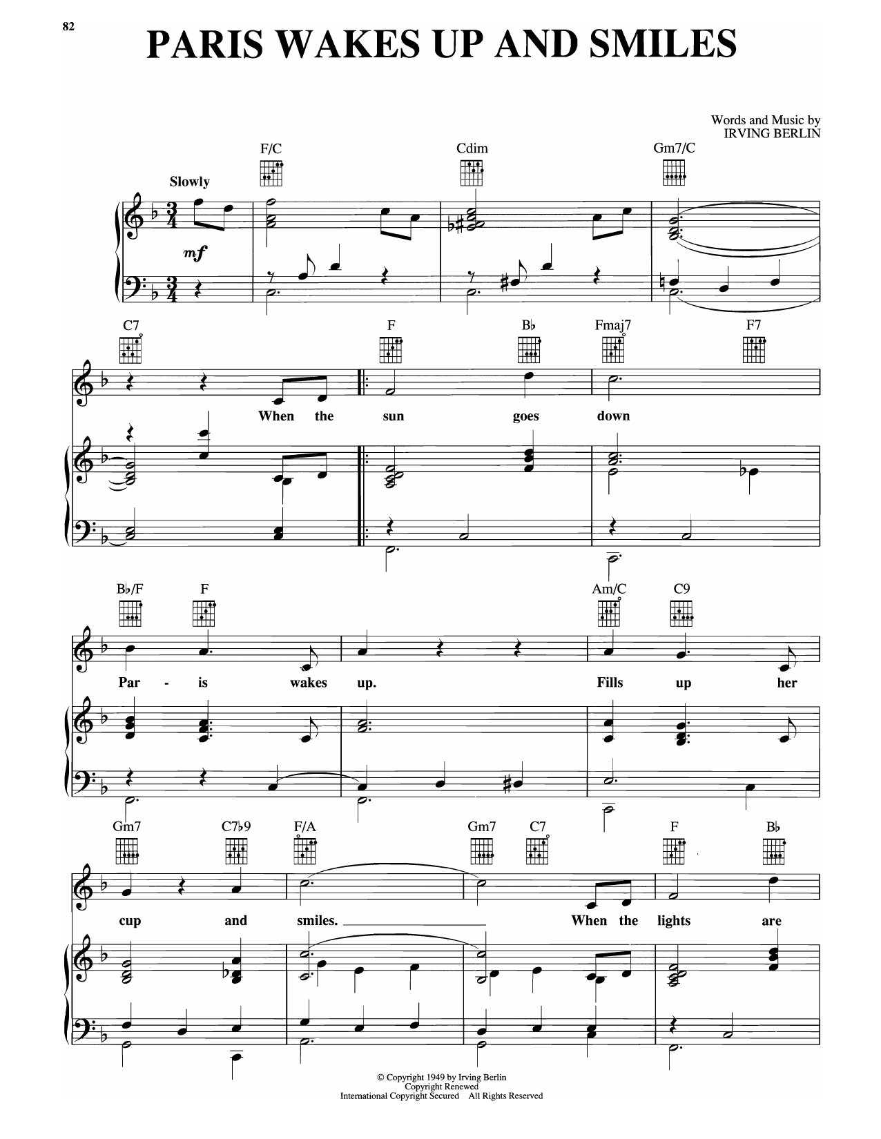 Irving Berlin Paris Wakes Up And Smiles (from Miss Liberty) sheet music notes and chords arranged for Piano, Vocal & Guitar Chords (Right-Hand Melody)