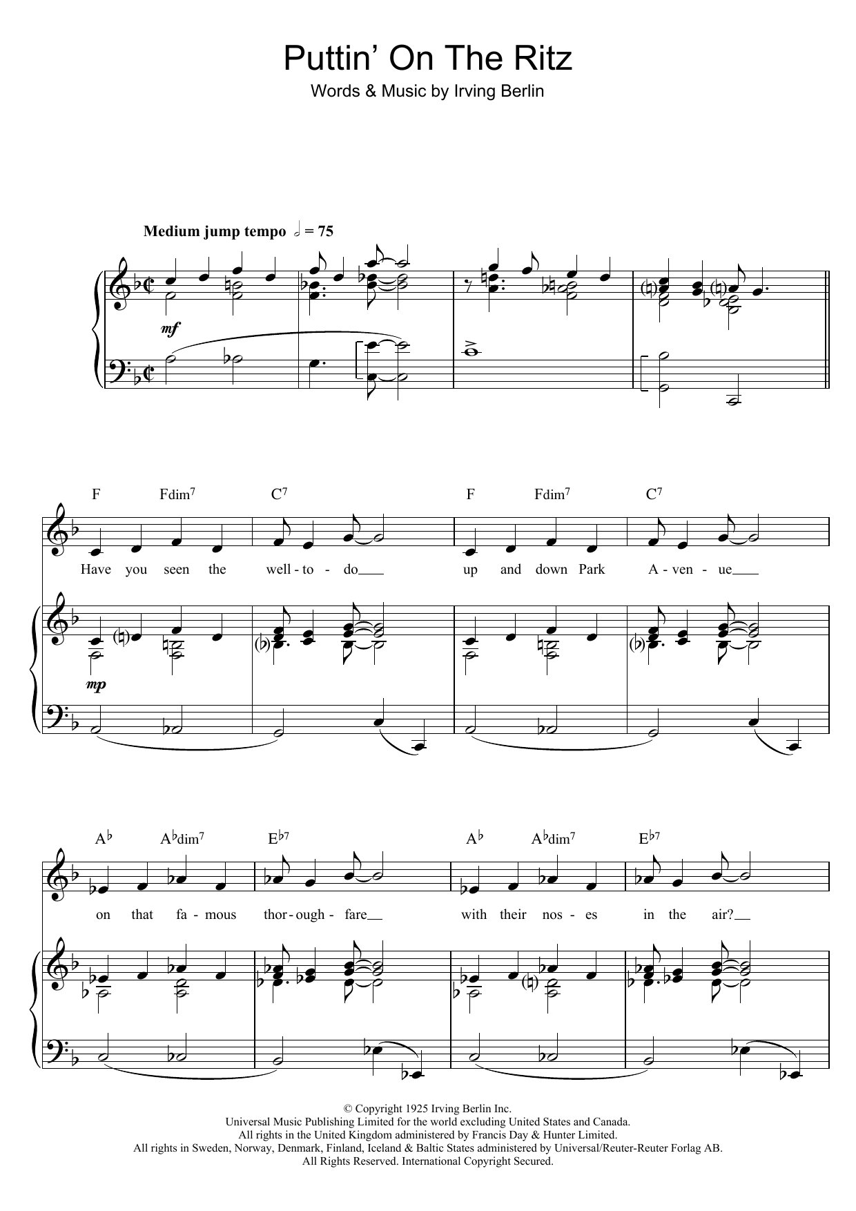 Irving Berlin Puttin' On The Ritz (from Top Hat) sheet music notes and chords arranged for Piano, Vocal & Guitar Chords