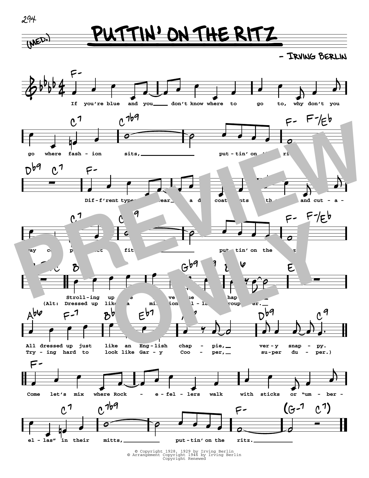 Irving Berlin Puttin' On The Ritz (High Voice) sheet music notes and chords arranged for Real Book – Melody, Lyrics & Chords
