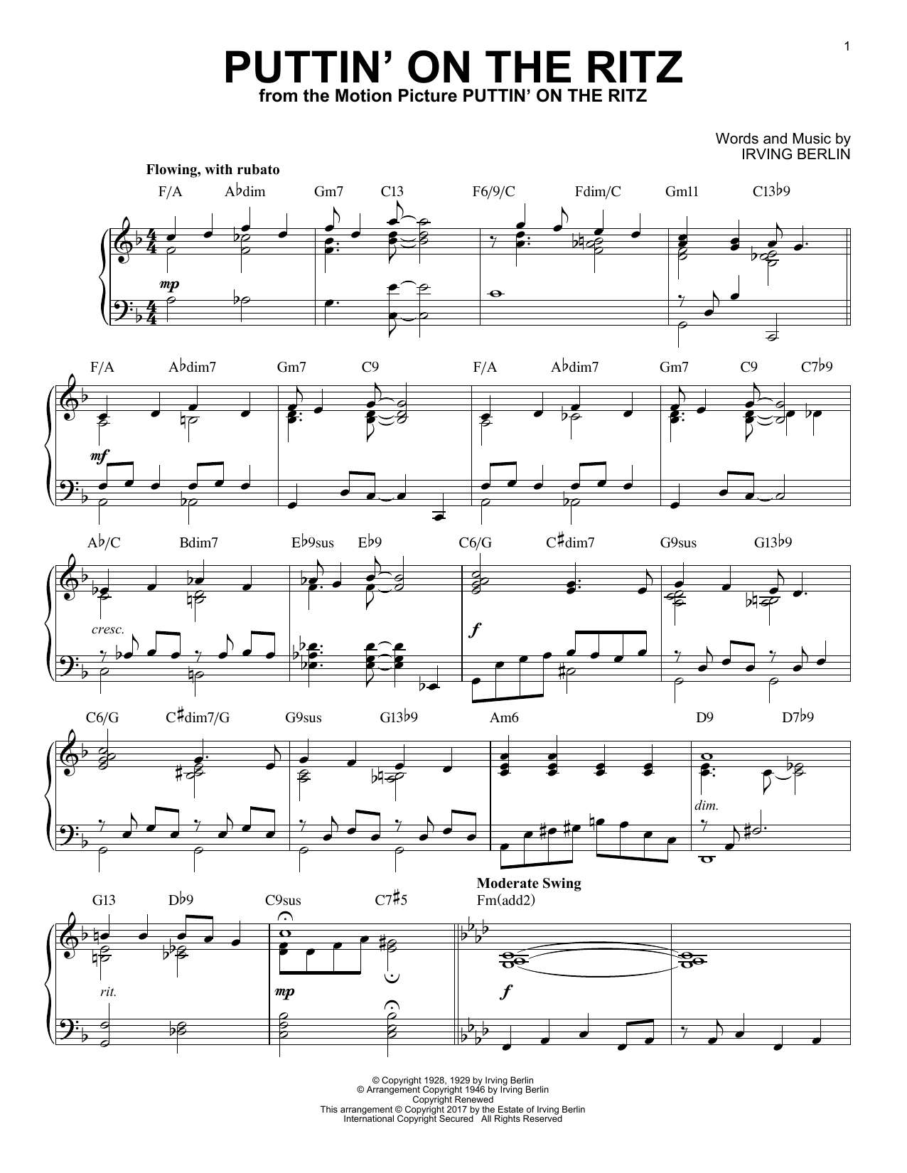 Irving Berlin Puttin' On The Ritz [Jazz version] sheet music notes and chords arranged for Piano Solo