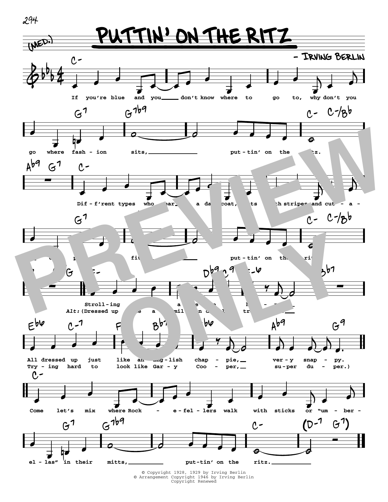 Irving Berlin Puttin' On The Ritz (Low Voice) sheet music notes and chords arranged for Real Book – Melody, Lyrics & Chords