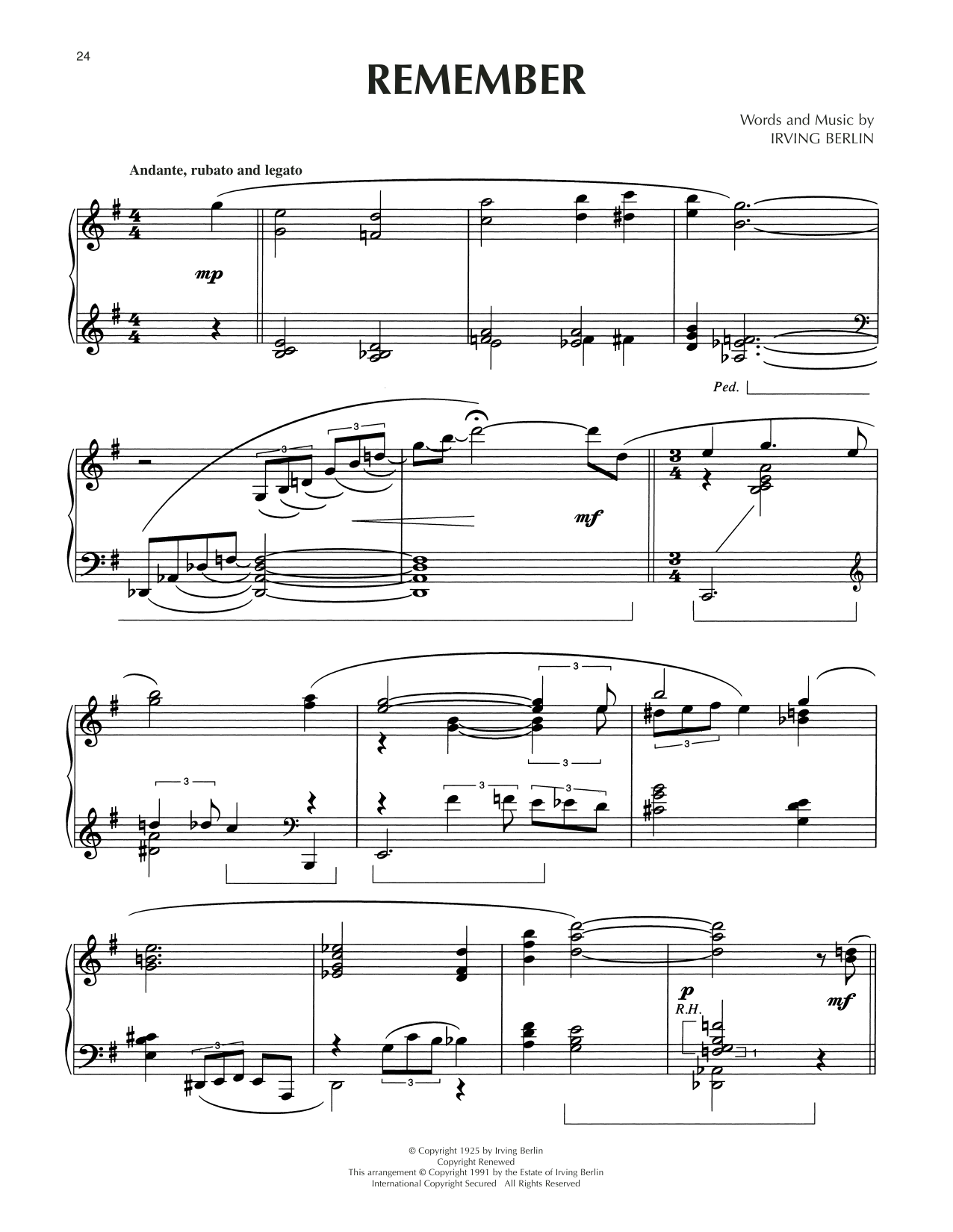 Irving Berlin Remember (arr. Dick Hyman) sheet music notes and chords arranged for Piano Solo