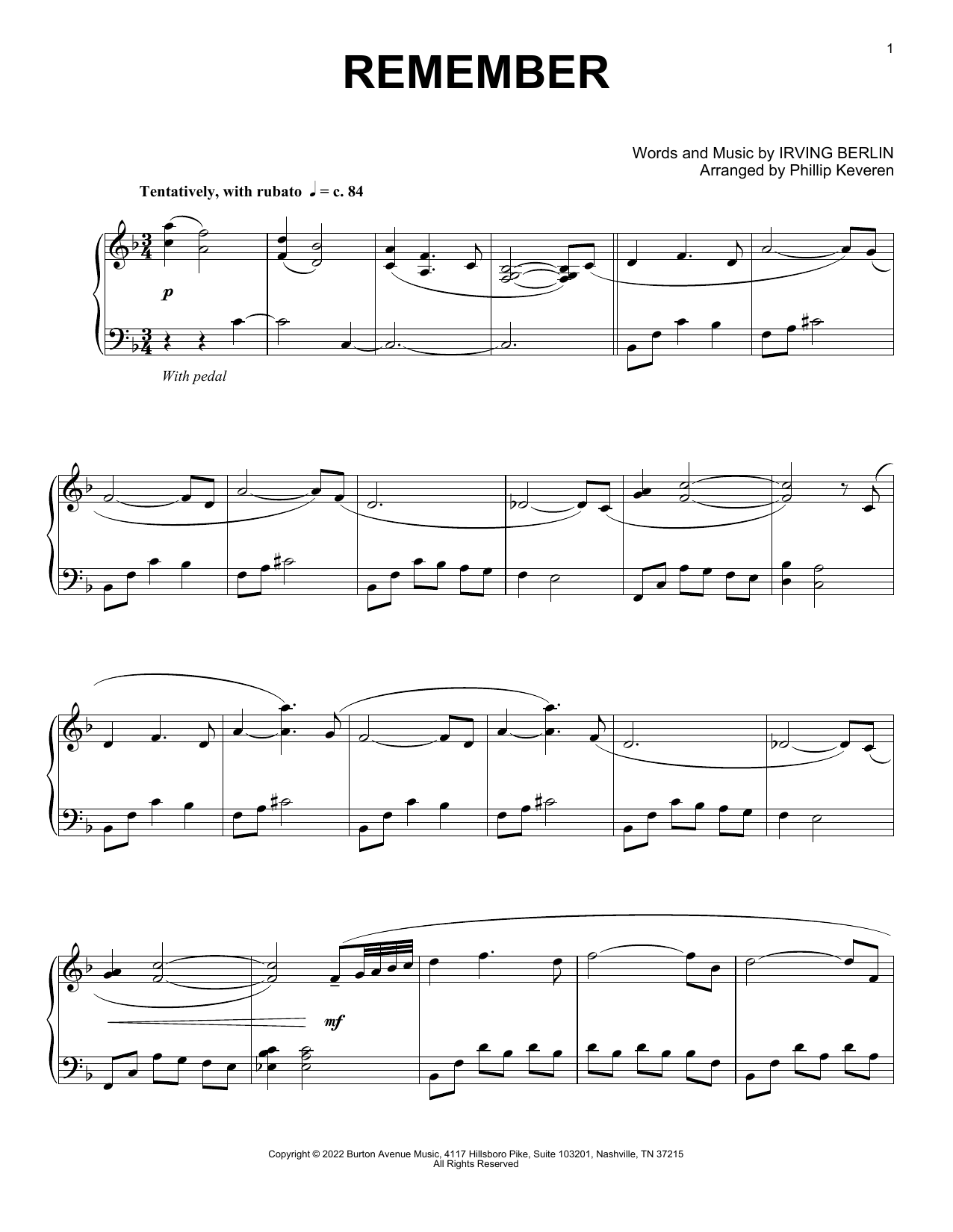 Irving Berlin Remember (arr. Phillip Keveren) sheet music notes and chords arranged for Piano Solo