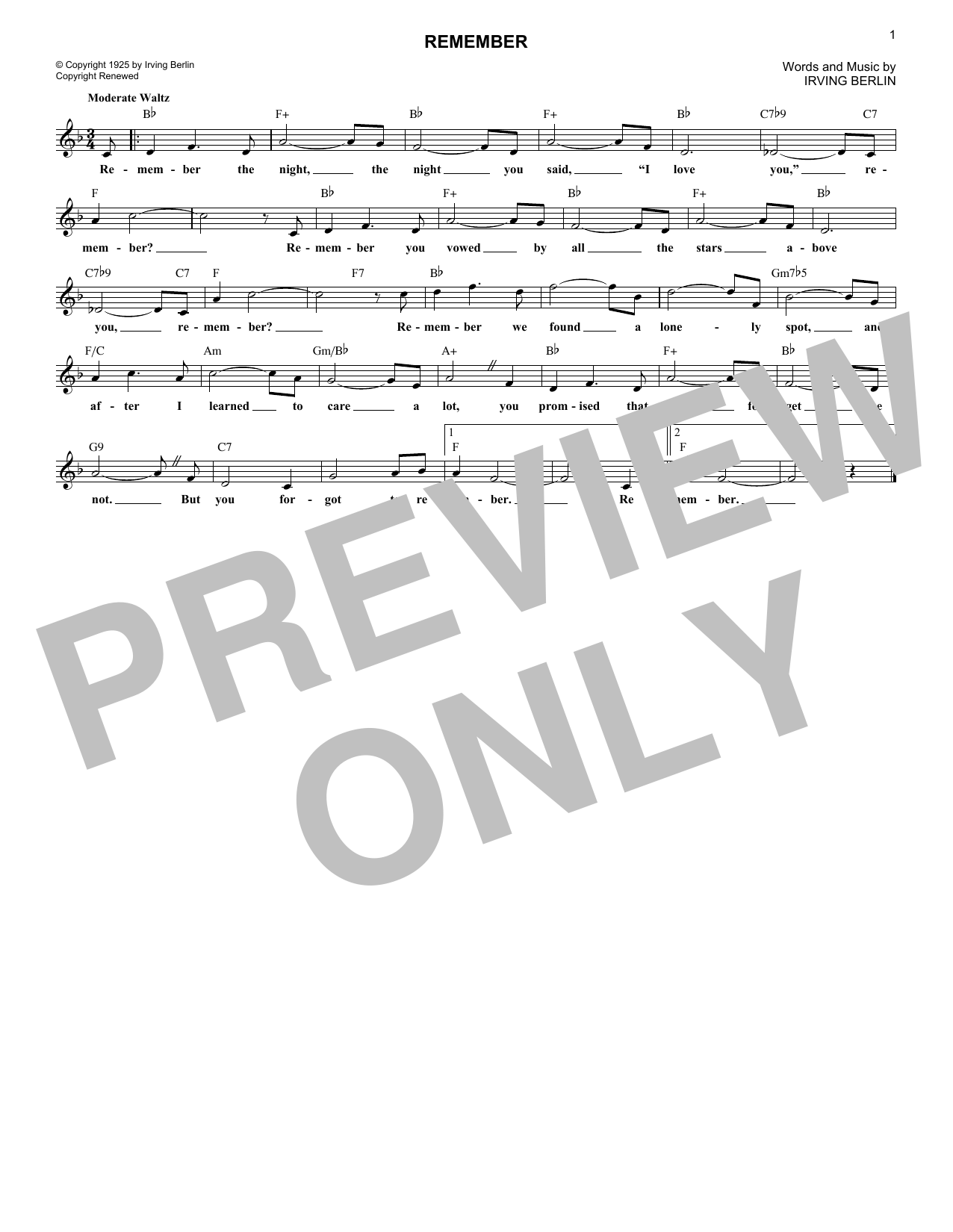 Irving Berlin Remember sheet music notes and chords arranged for Real Book – Melody & Chords