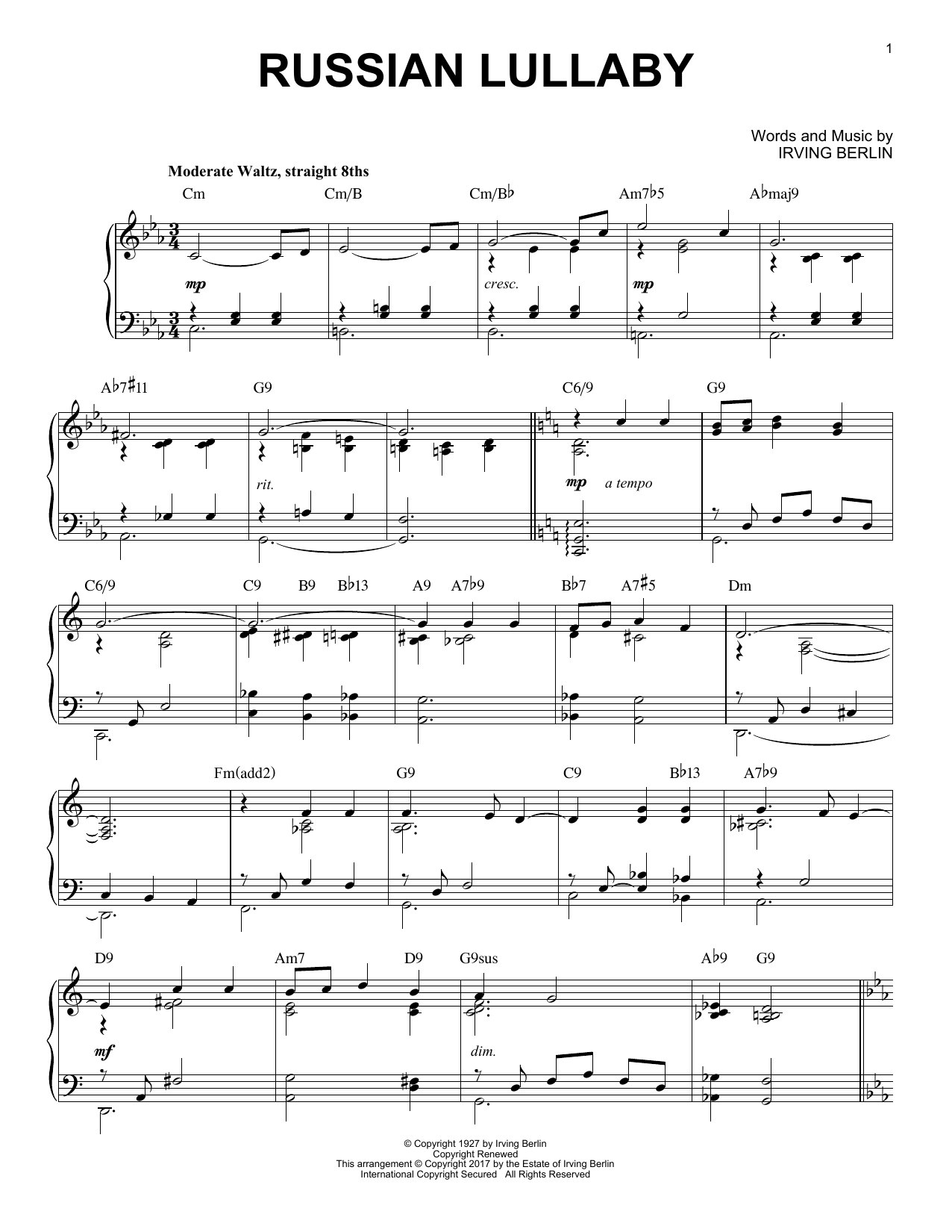 Irving Berlin Russian Lullaby [Jazz version] sheet music notes and chords arranged for Piano Solo