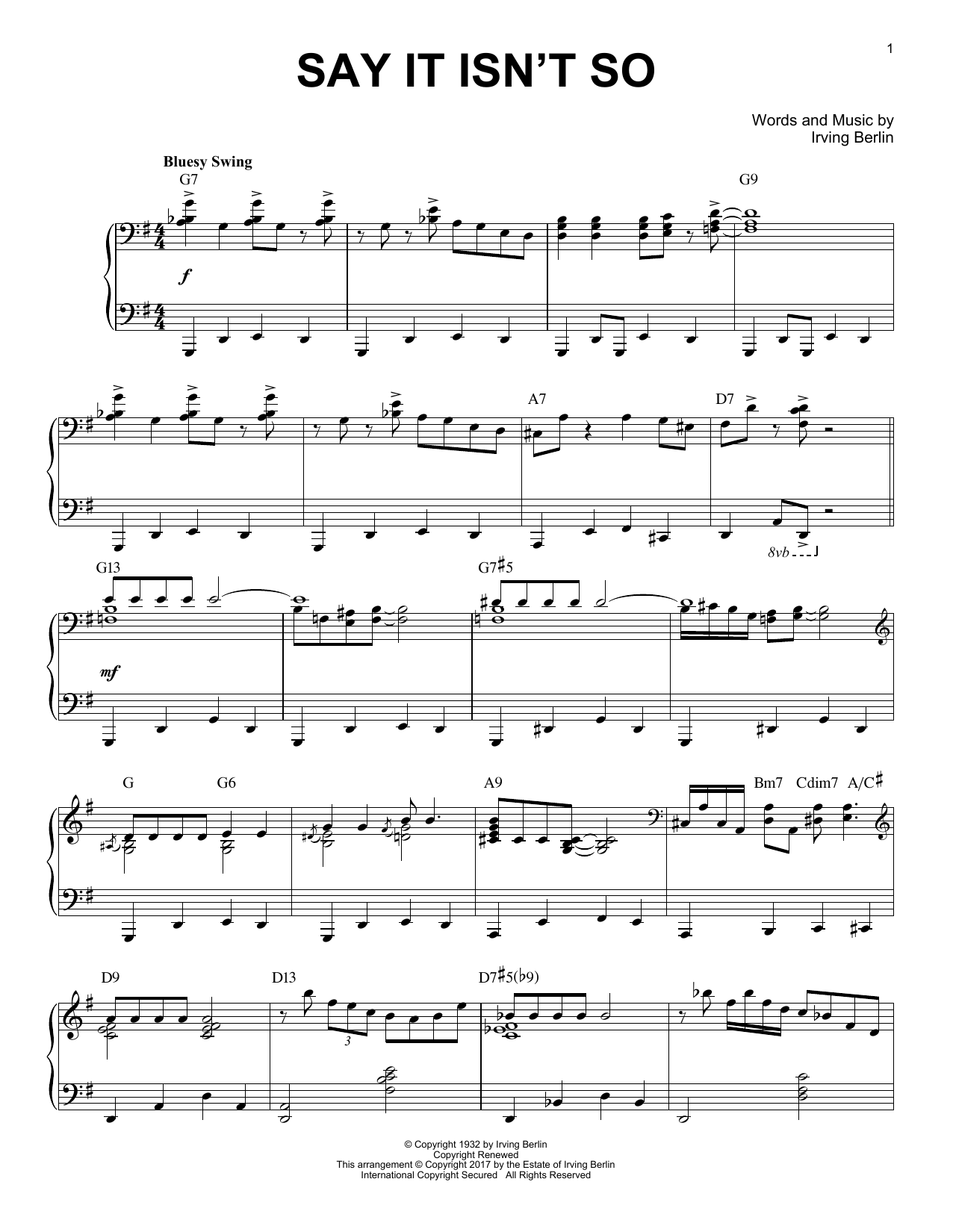Irving Berlin Say It Isn't So [Jazz version] sheet music notes and chords arranged for Piano Solo