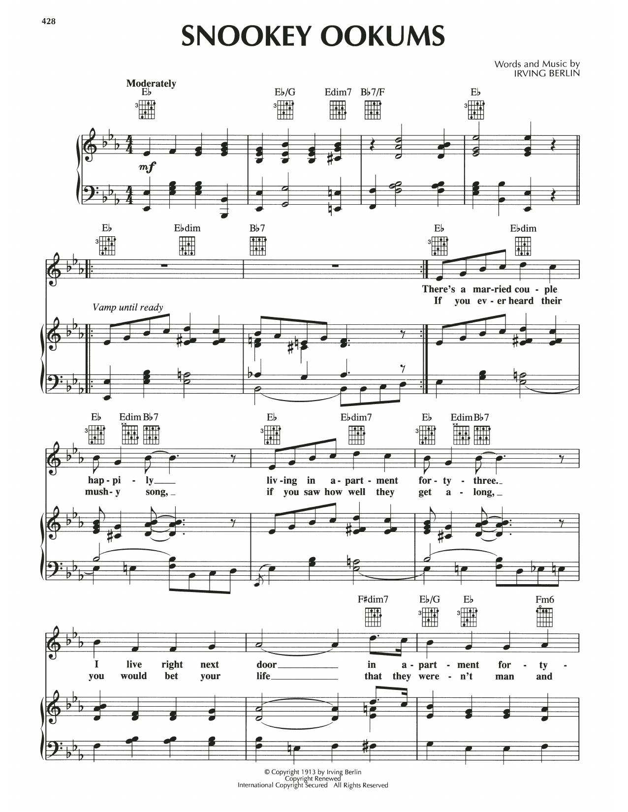 Irving Berlin Snookey Ookums sheet music notes and chords arranged for Piano, Vocal & Guitar Chords (Right-Hand Melody)