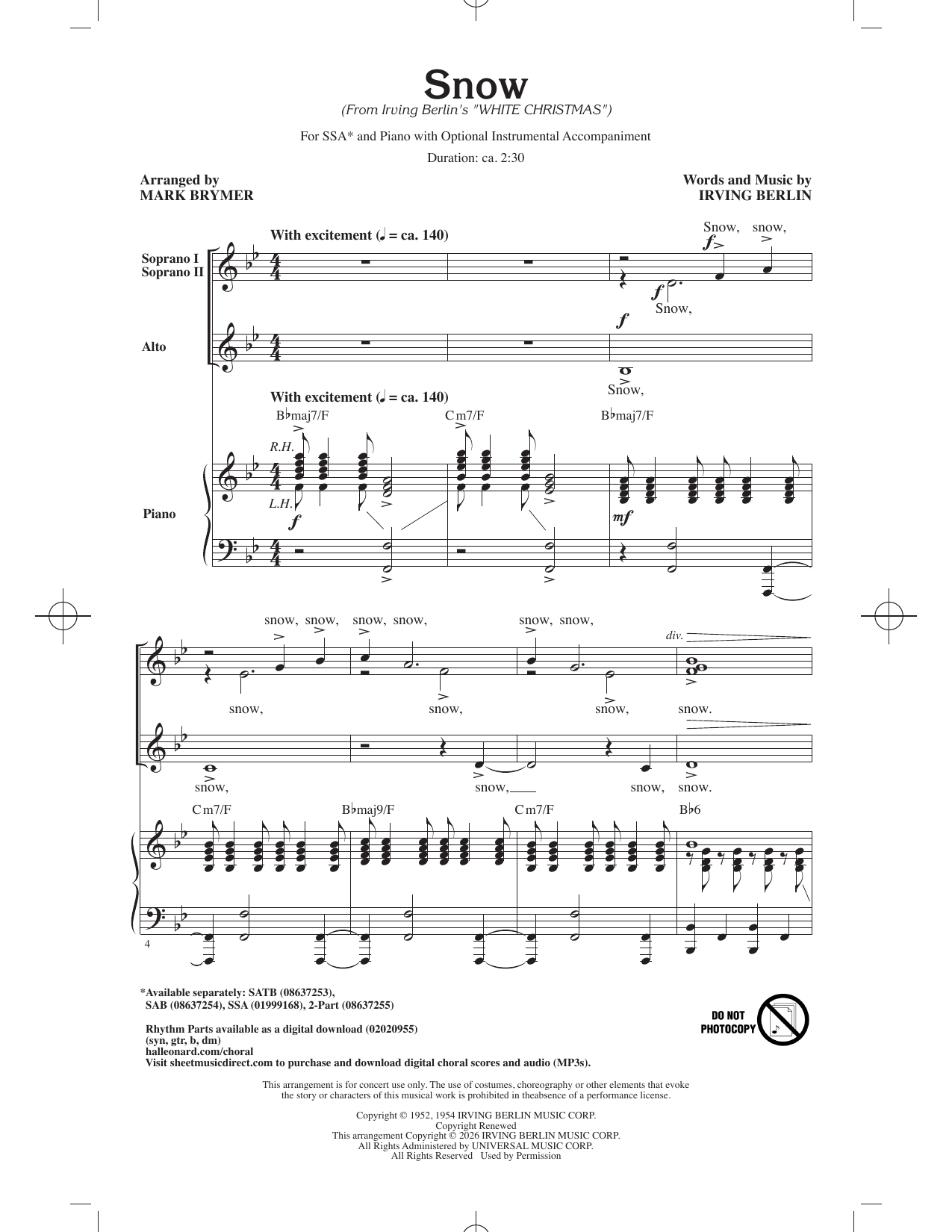Irving Berlin Snow (arr. Mark Brymer) sheet music notes and chords arranged for SSA Choir