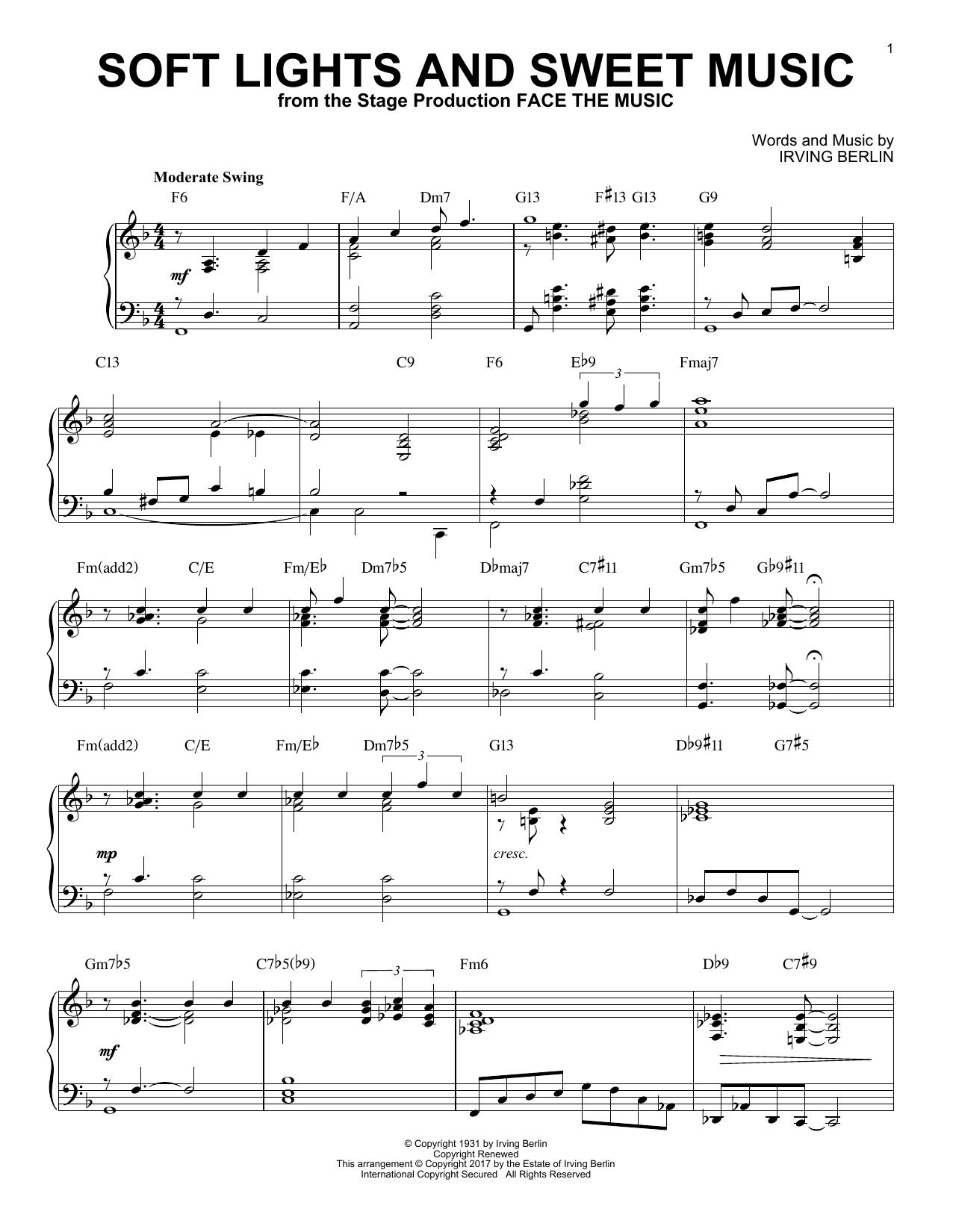 Irving Berlin Soft Lights And Sweet Music [Jazz version] sheet music notes and chords arranged for Piano Solo