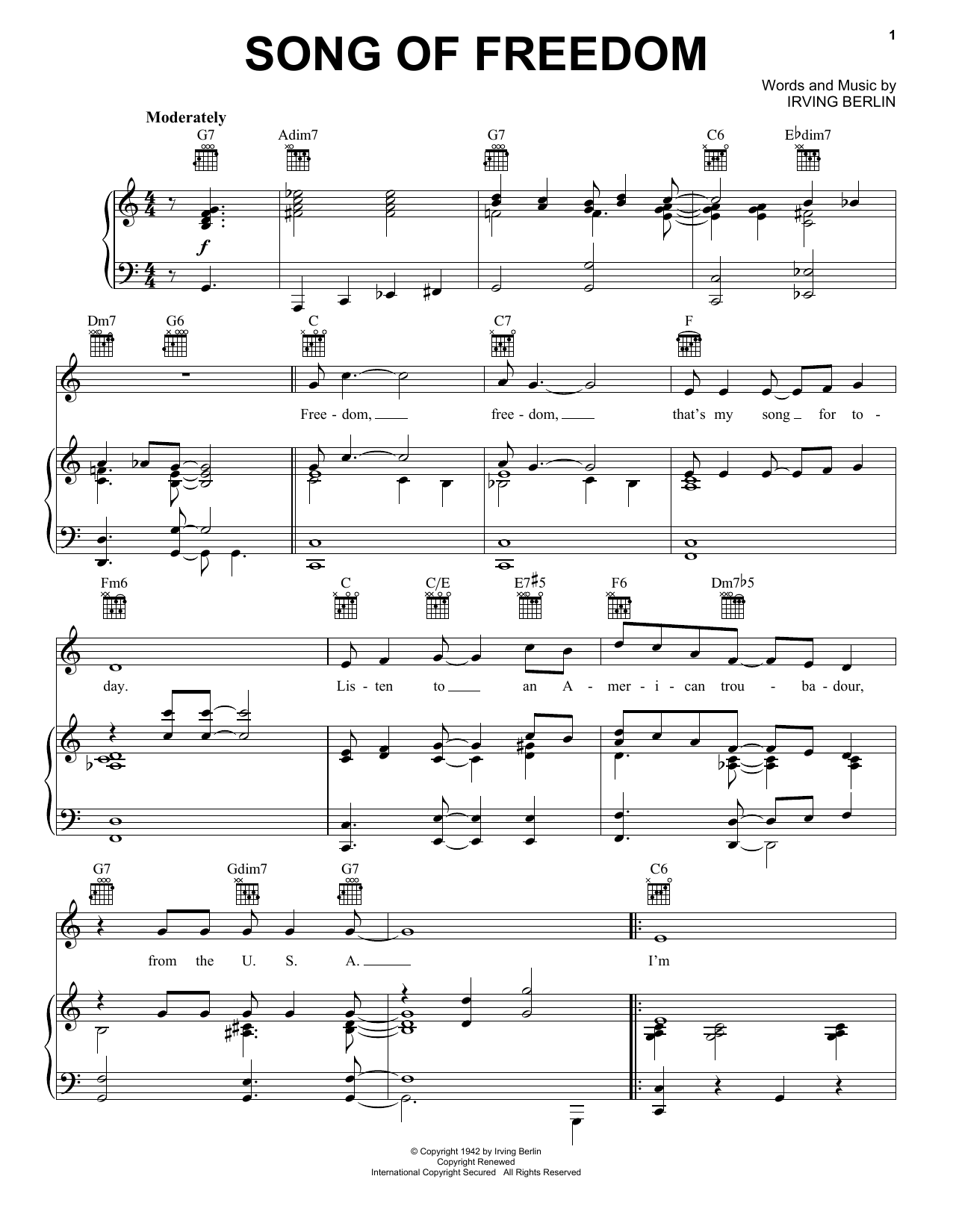 Irving Berlin Song Of Freedom sheet music notes and chords arranged for Piano, Vocal & Guitar Chords (Right-Hand Melody)