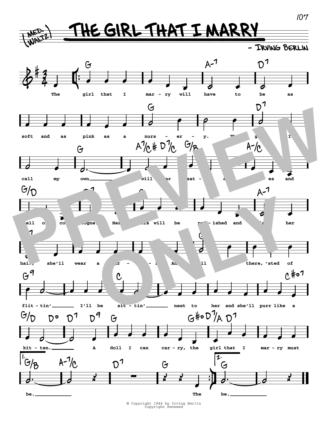 Irving Berlin The Girl That I Marry (Low Voice) sheet music notes and chords arranged for Real Book – Melody, Lyrics & Chords