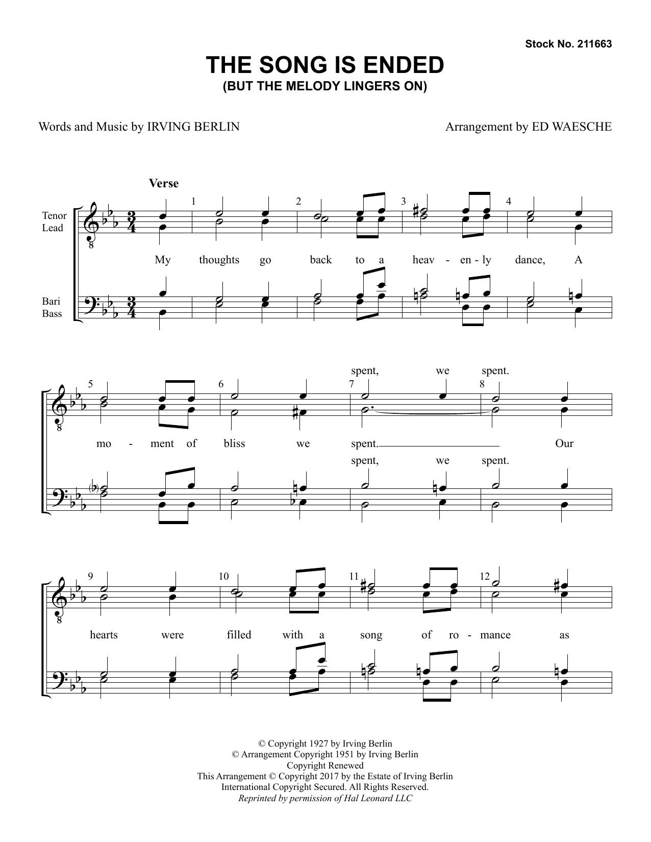 Irving Berlin The Song Is Ended (But the Melody Lingers On) (arr. Ed Waesche) sheet music notes and chords arranged for TTBB Choir
