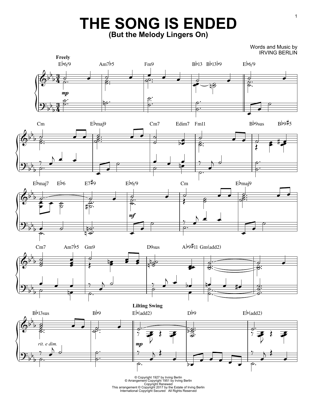 Irving Berlin The Song Is Ended (But The Melody Lingers On) [Jazz version] sheet music notes and chords arranged for Piano Solo