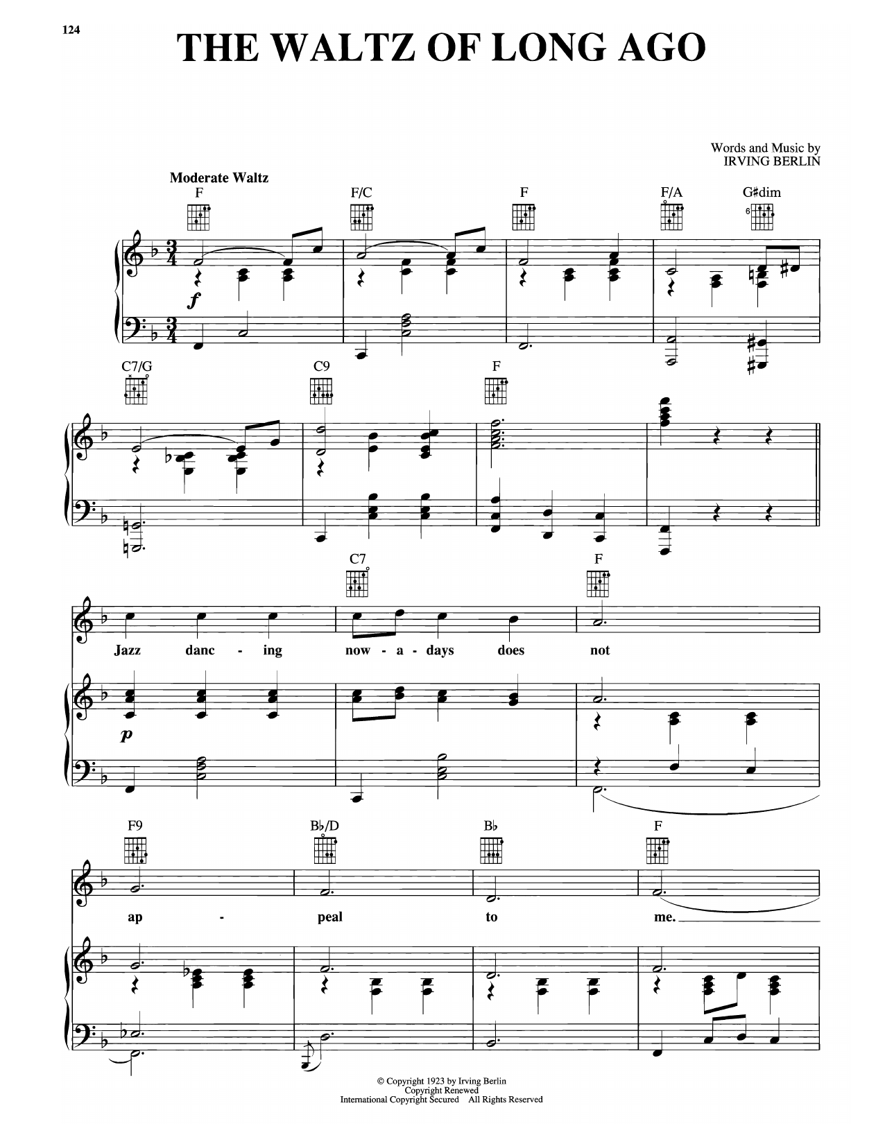 Irving Berlin The Waltz Of Long Ago sheet music notes and chords arranged for Piano, Vocal & Guitar Chords (Right-Hand Melody)