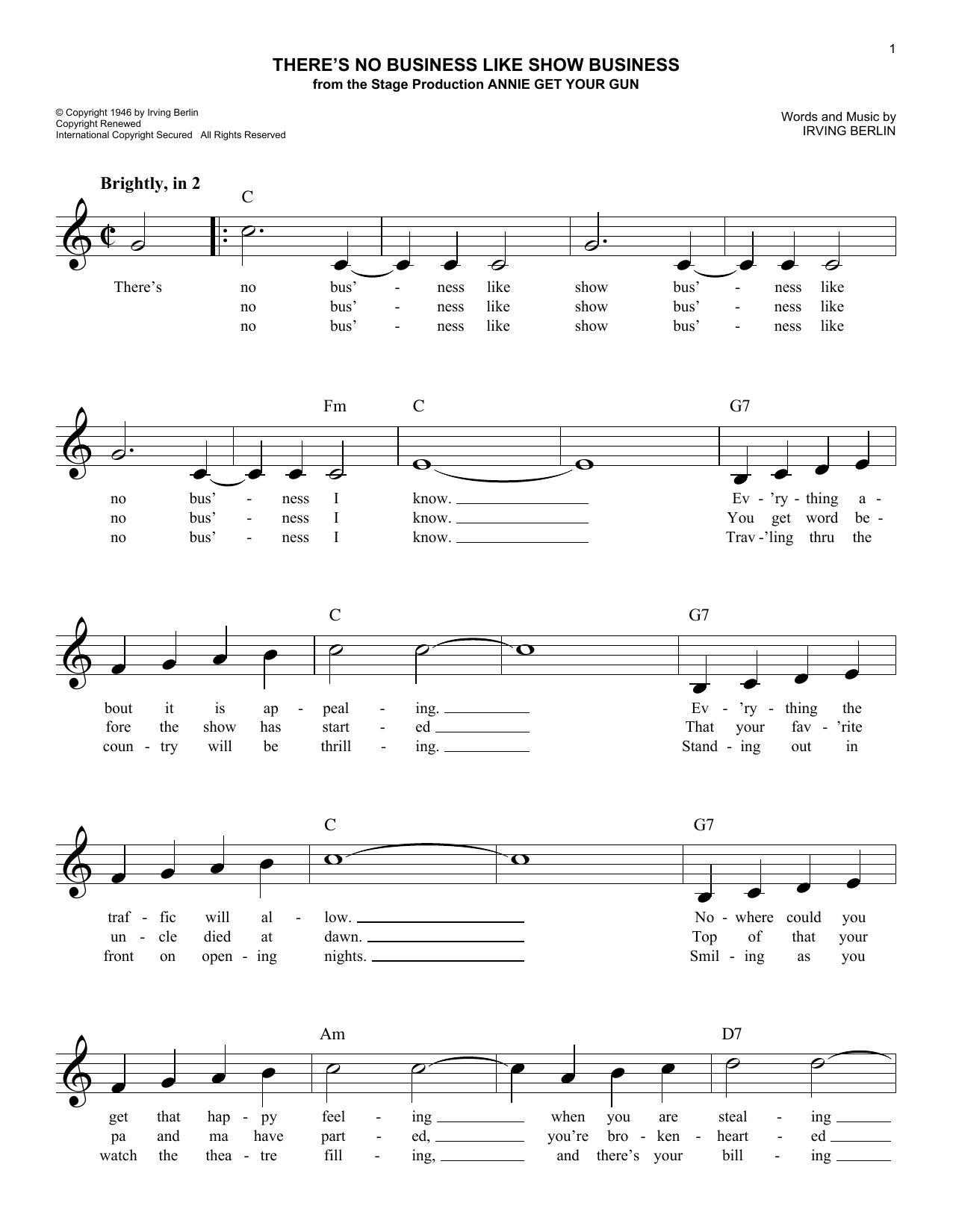 Irving Berlin There's No Business Like Show Business (from Annie Get Your Gun) sheet music notes and chords arranged for Easy Lead Sheet / Fake Book
