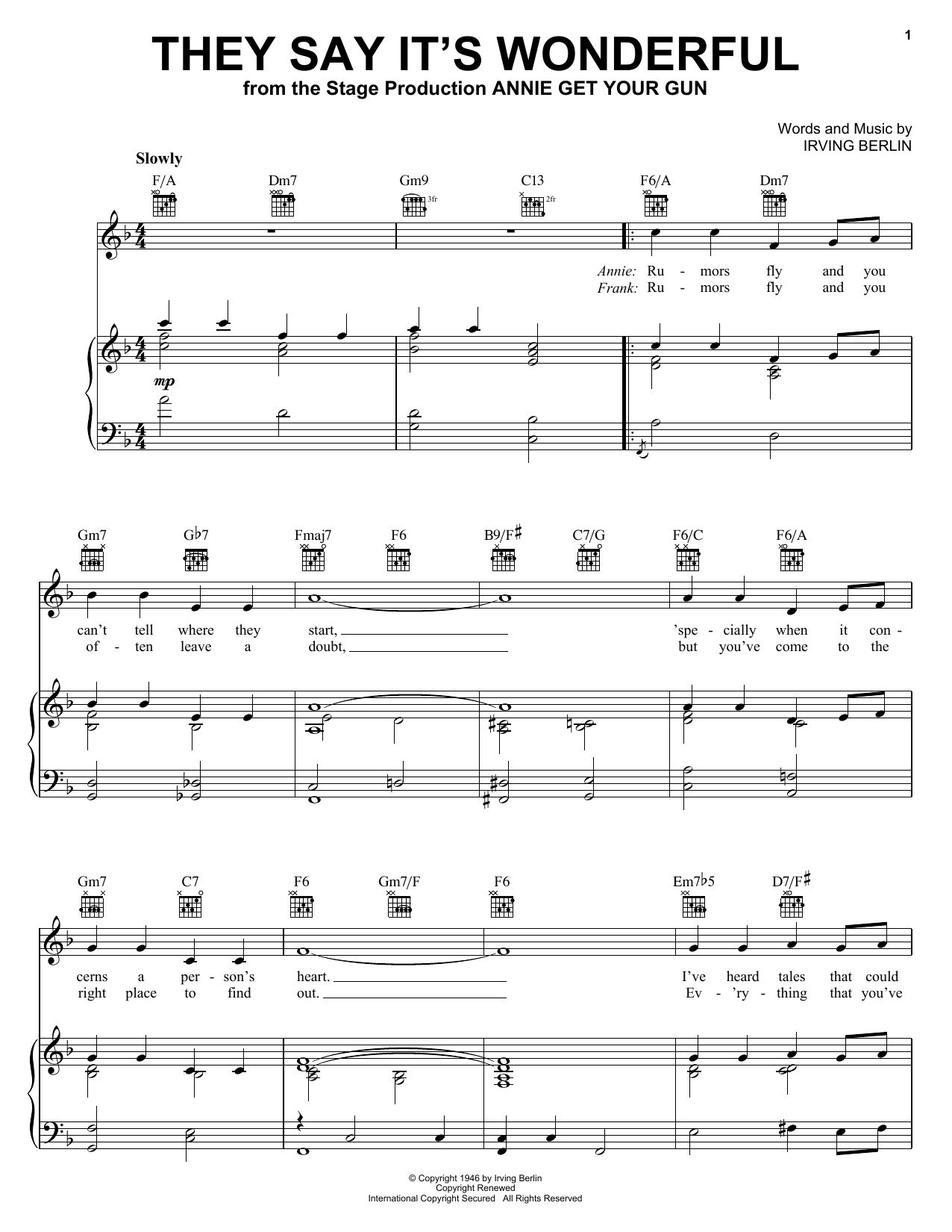 Irving Berlin They Say It's Wonderful (from Annie Get Your Gun) sheet music notes and chords arranged for Cello Solo