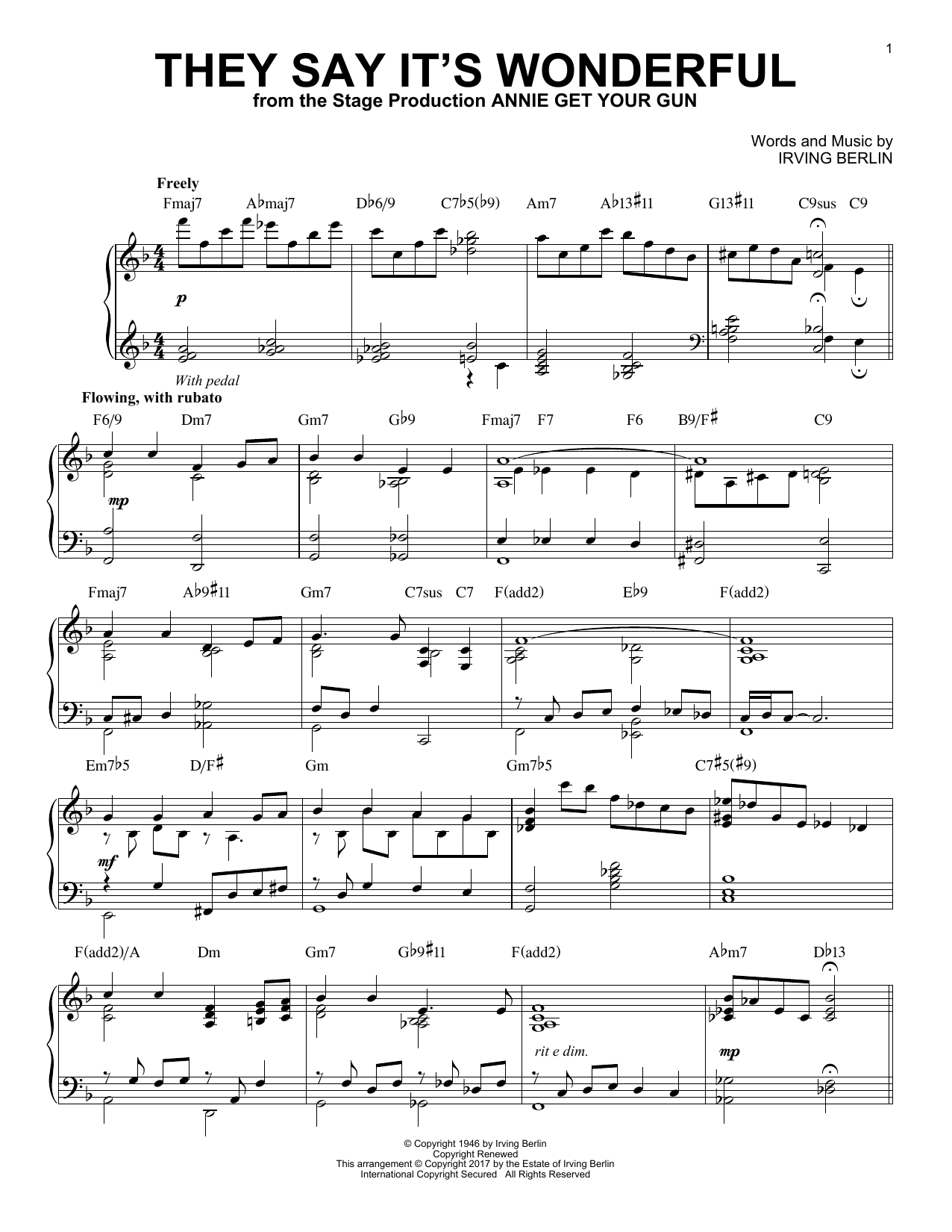 Irving Berlin They Say It's Wonderful [Jazz version] sheet music notes and chords arranged for Piano Solo