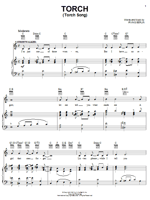 Irving Berlin Torch (Torch Song) sheet music notes and chords arranged for Piano, Vocal & Guitar Chords (Right-Hand Melody)