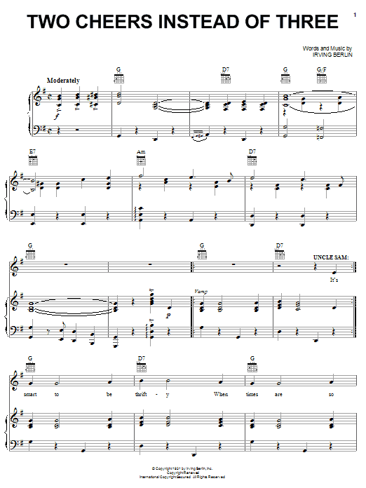 Irving Berlin Two Cheers Instead Of Three sheet music notes and chords arranged for Piano, Vocal & Guitar Chords (Right-Hand Melody)