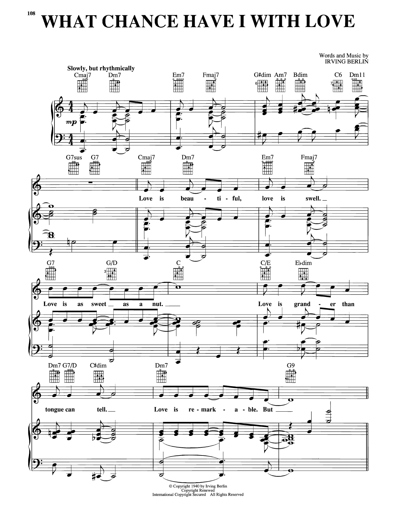 Irving Berlin What Chance Have I With Love? (from Louisiana Purchase) sheet music notes and chords arranged for Piano, Vocal & Guitar Chords (Right-Hand Melody)