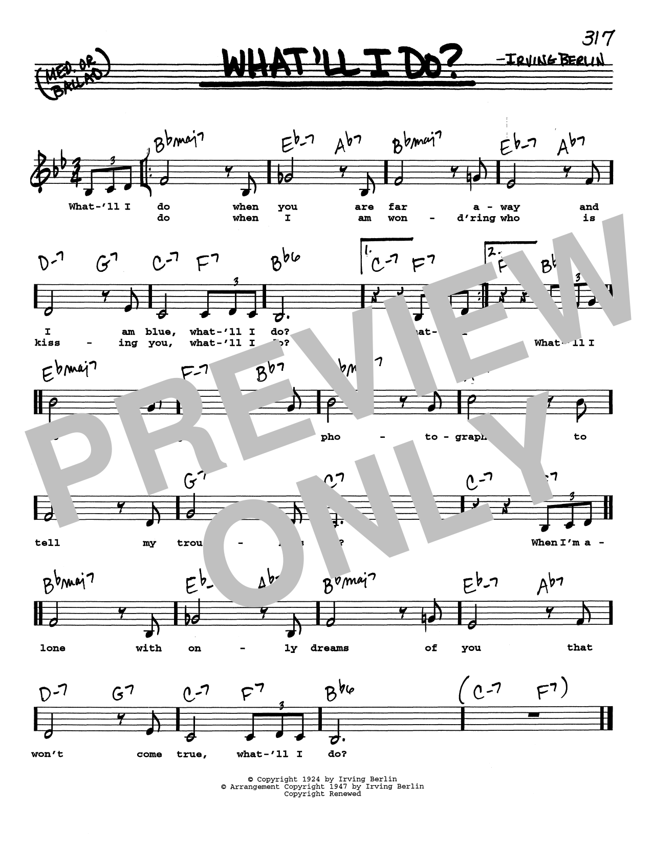 Irving Berlin What'll I Do? (Low Voice) sheet music notes and chords arranged for Real Book – Melody, Lyrics & Chords