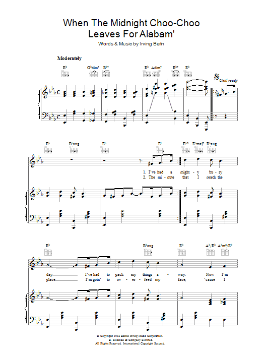 Irving Berlin When The Midnight Choo Choo Leaves For Alabam' sheet music notes and chords arranged for Piano, Vocal & Guitar Chords