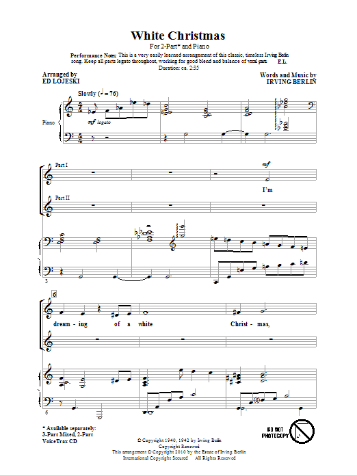 Irving Berlin White Christmas (arr. Ed Lojeski) sheet music notes and chords arranged for 2-Part Choir