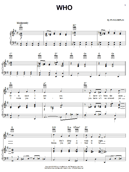 Irving Berlin Who sheet music notes and chords arranged for Piano, Vocal & Guitar Chords (Right-Hand Melody)