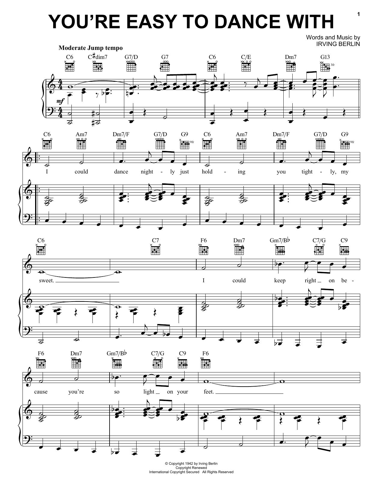 Irving Berlin You're Easy To Dance With sheet music notes and chords arranged for Piano, Vocal & Guitar Chords (Right-Hand Melody)