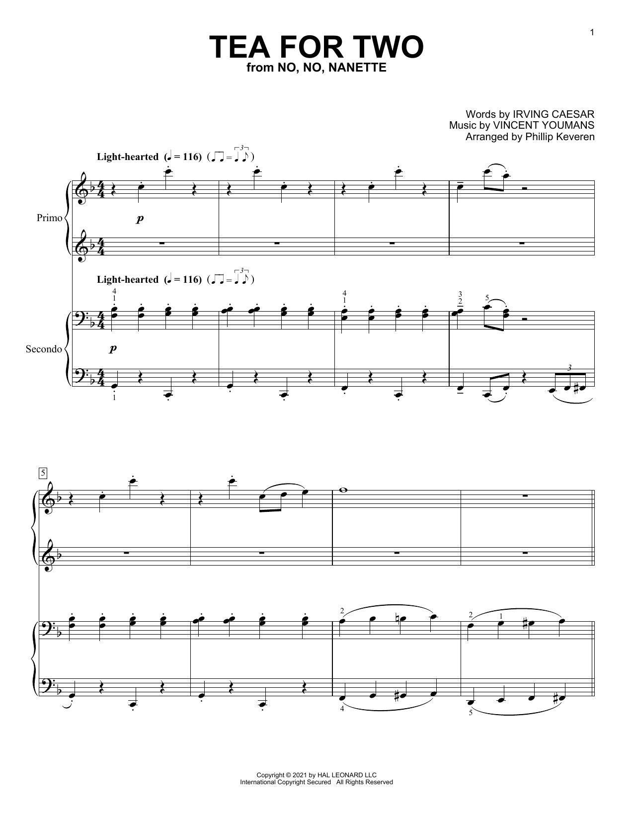 Irving Caesar Tea For Two (arr. Phillip Keveren) sheet music notes and chords arranged for Piano Duet