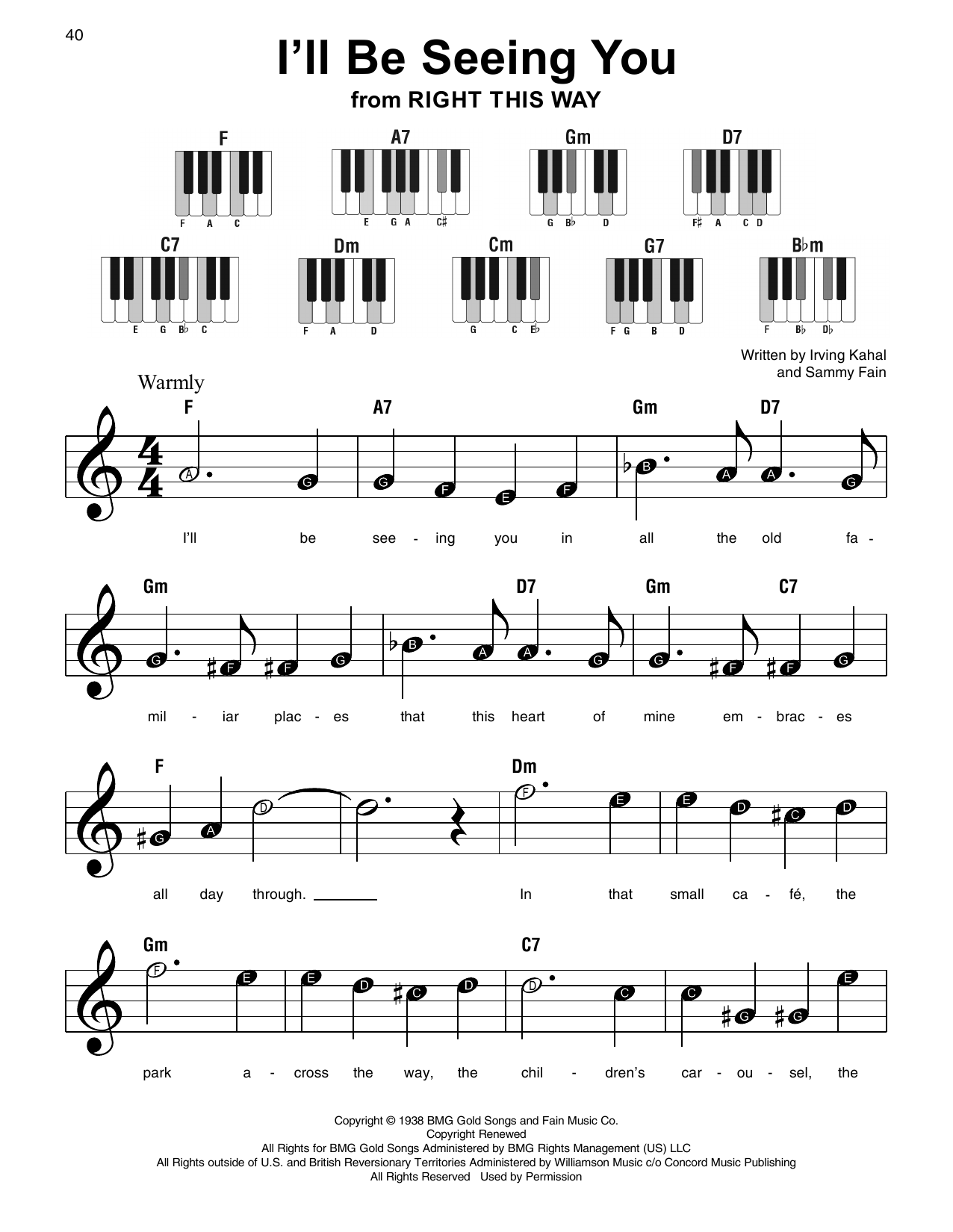 Irving Kahal & Sammy Fain I'll Be Seeing You (from Right This Way) sheet music notes and chords arranged for Super Easy Piano