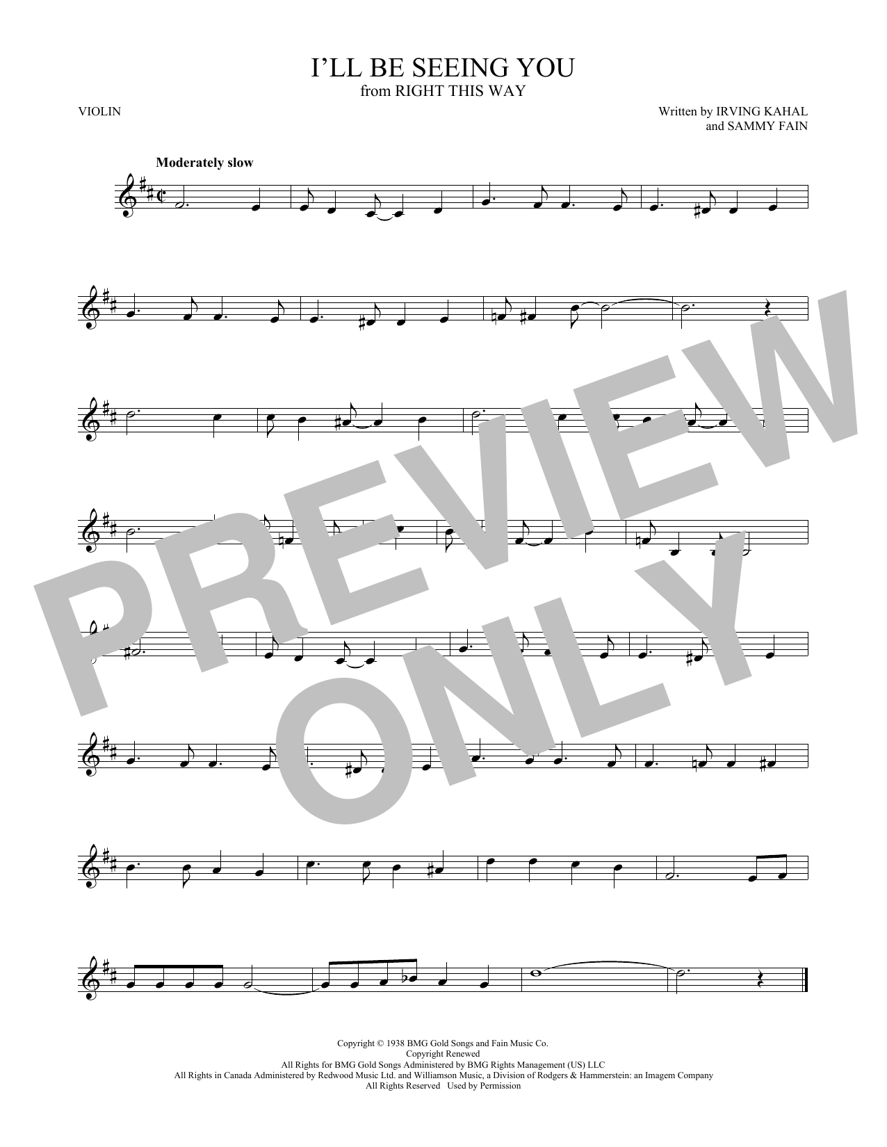 Irving Kahal & Sammy Fain I'll Be Seeing You sheet music notes and chords arranged for Violin Solo