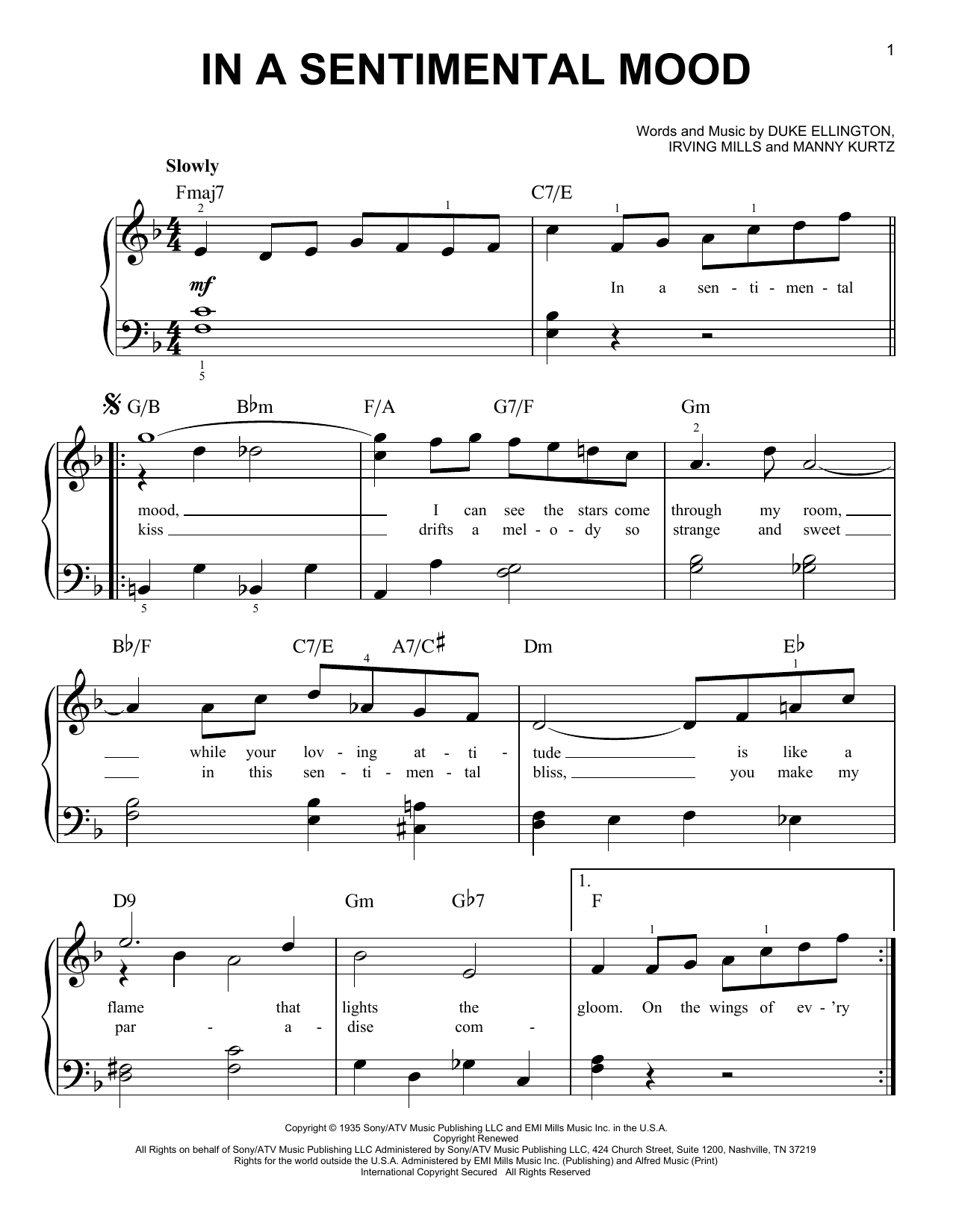Irving Mills In A Sentimental Mood sheet music notes and chords arranged for Very Easy Piano