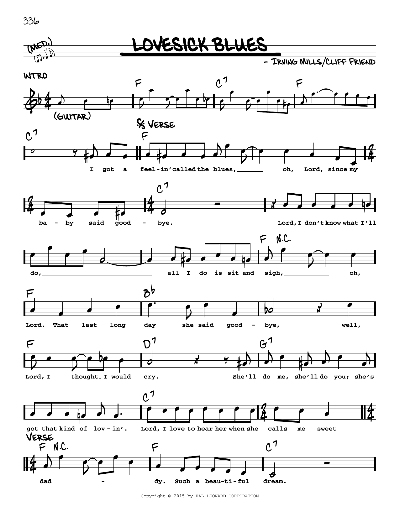 Irving Mills Lovesick Blues sheet music notes and chords arranged for Real Book – Melody, Lyrics & Chords