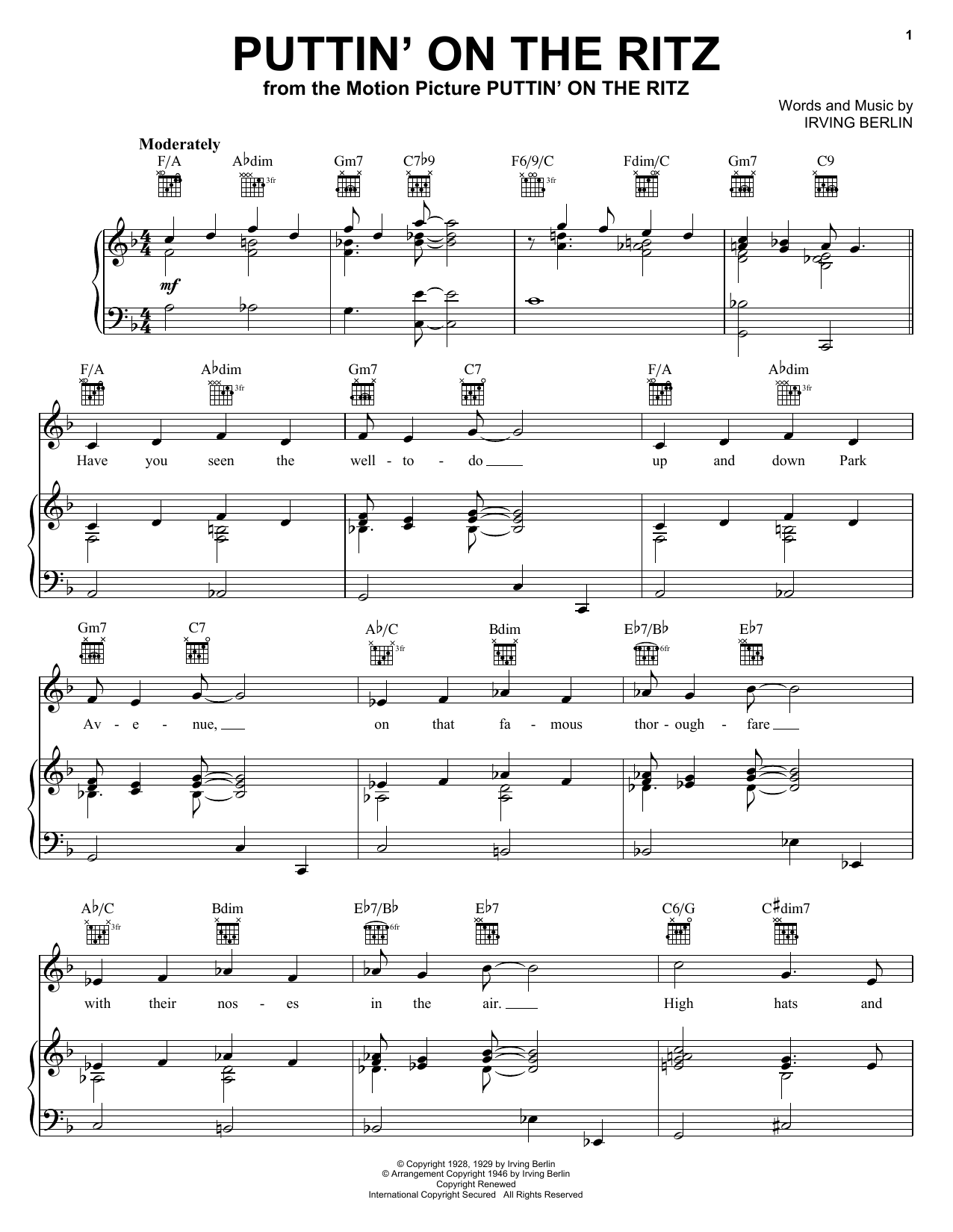 Irving Berlin Puttin' On The Ritz sheet music notes and chords. Download Printable PDF.
