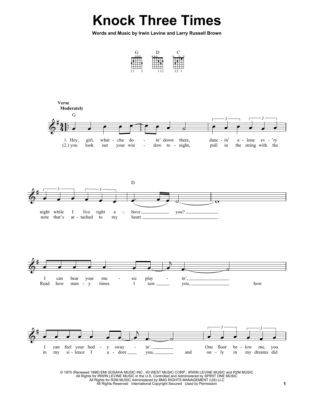 Irwin Levine Knock Three Times sheet music notes and chords arranged for Easy Guitar