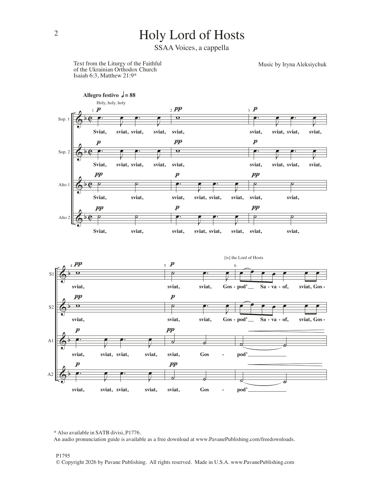 Iryna Aleksiychuk Holy Lord Of Hosts sheet music notes and chords arranged for SSAA Choir