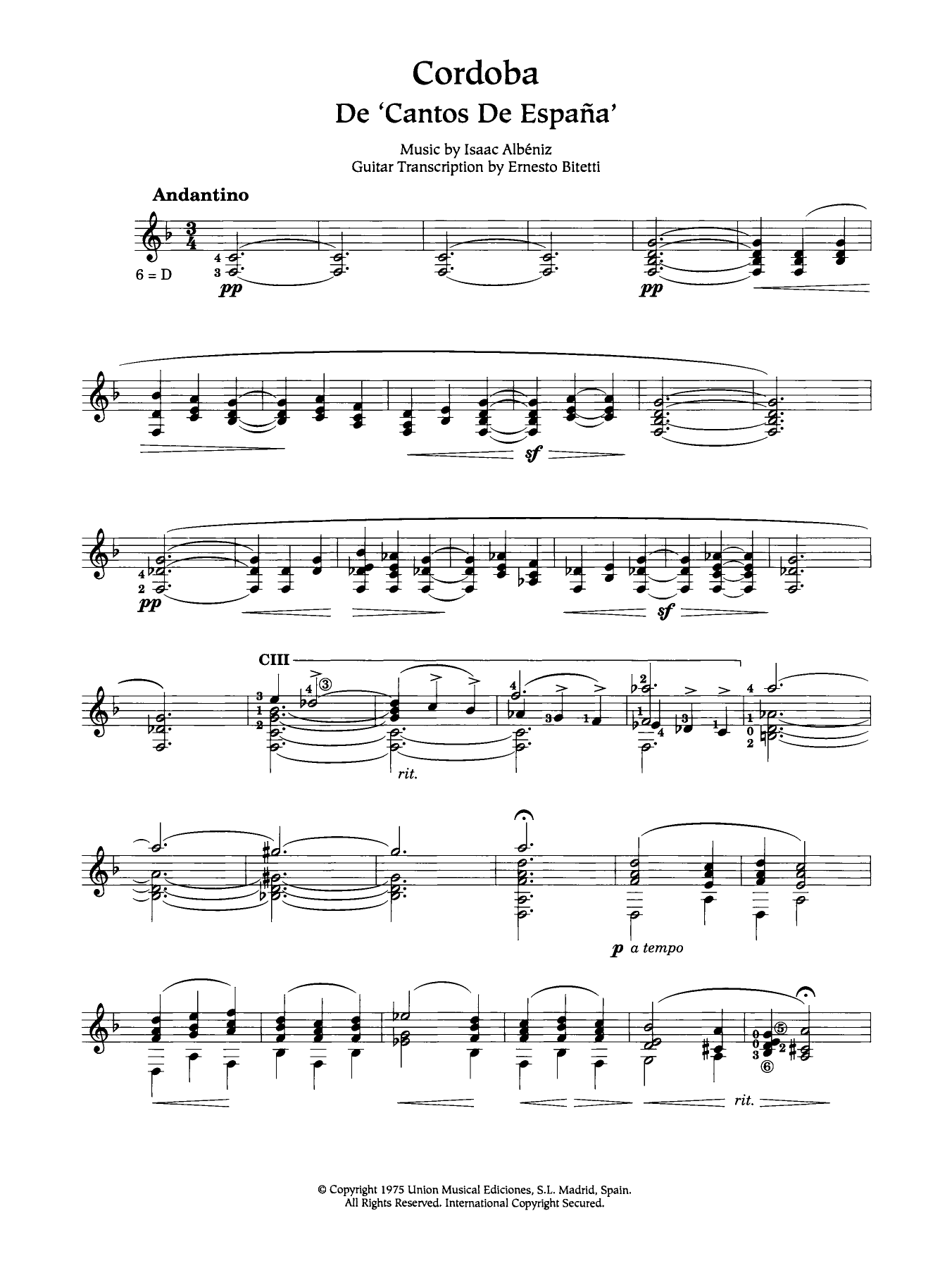 Isaac Albéniz Cordoba sheet music notes and chords arranged for Easy Guitar