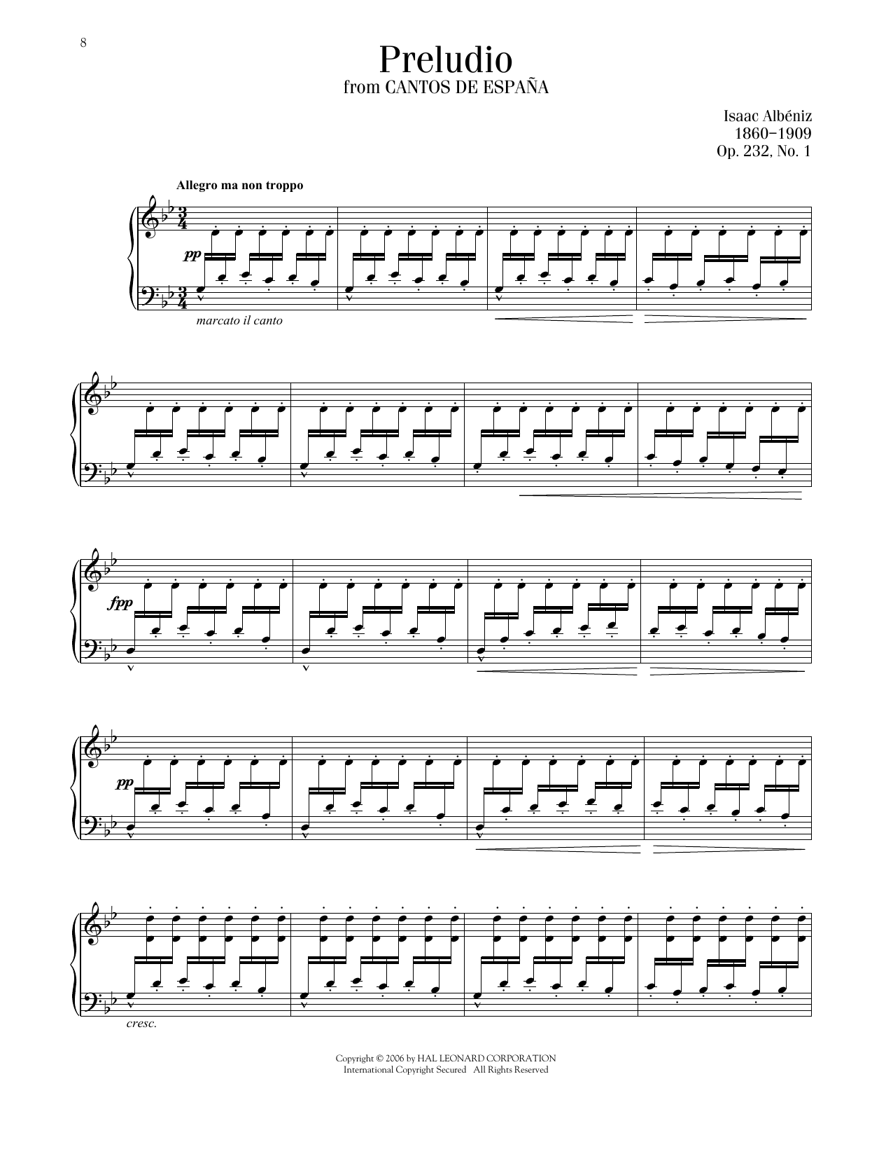 Isaac Albeniz Prelude, Op. 232, No. 1 sheet music notes and chords arranged for Piano Solo