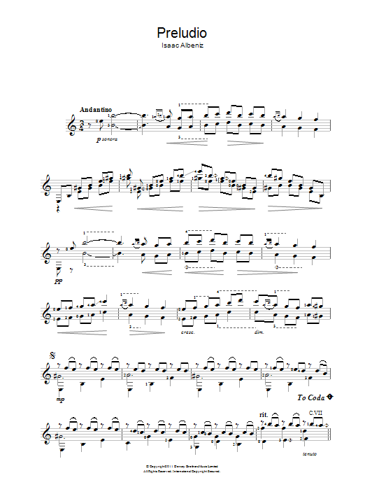 Isaac Albéniz Preludio sheet music notes and chords arranged for Easy Guitar