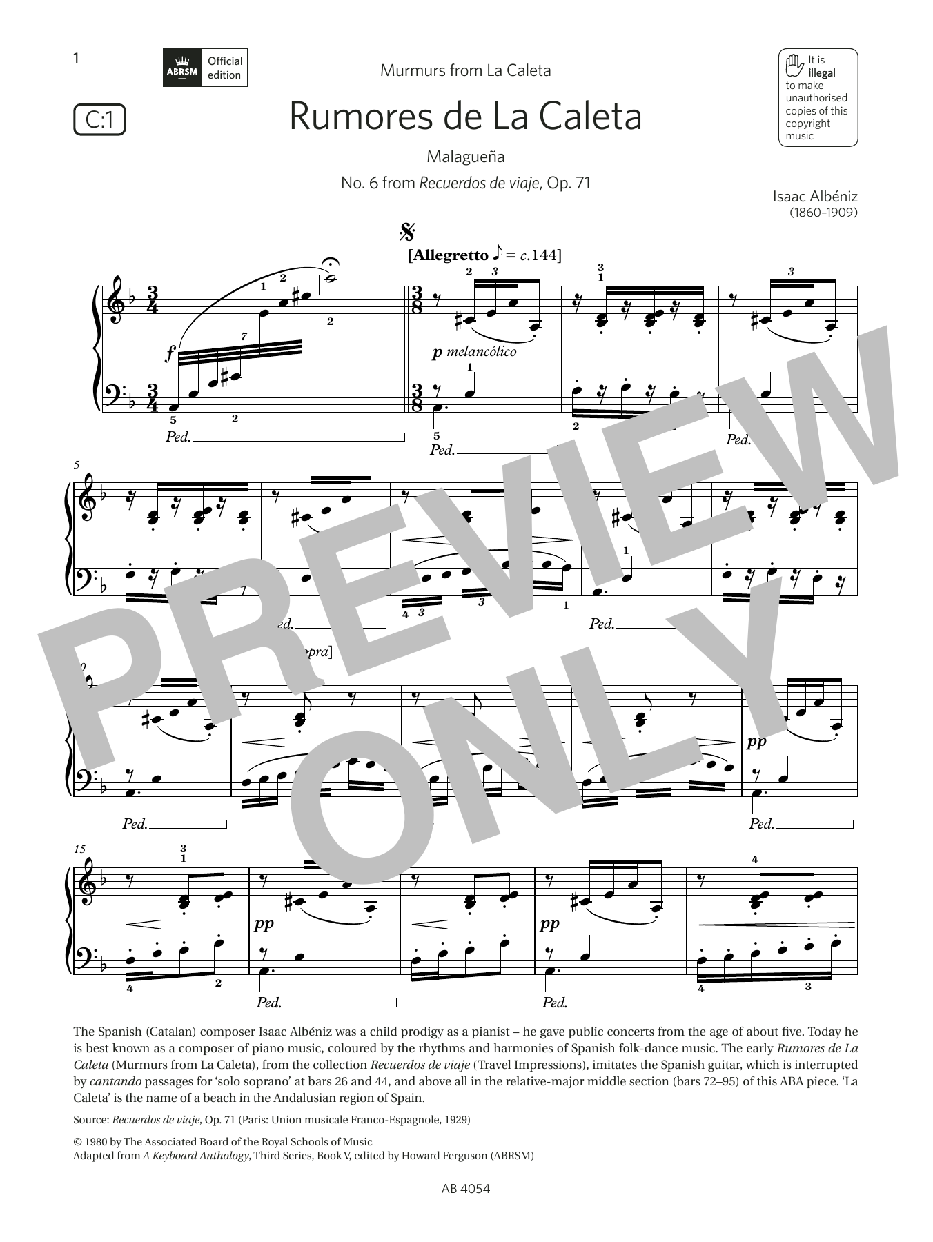Isaac Albéniz Rumores de La Caleta (Grade 8, list C1, from the ABRSM Piano Syllabus 2023 & 2024) sheet music notes and chords arranged for Piano Solo