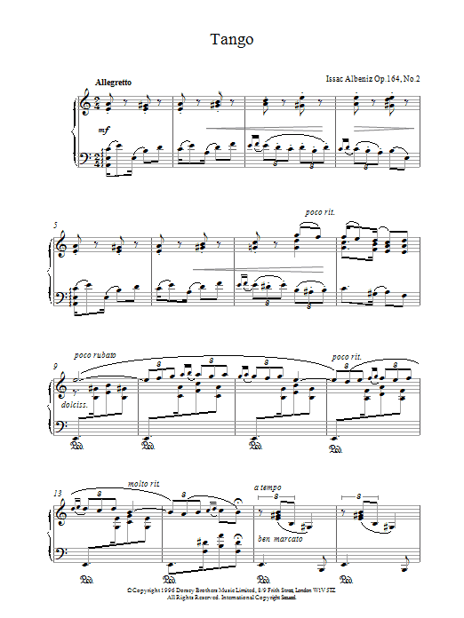 Isaac Albeniz Tango Op. 164 No. 2 sheet music notes and chords arranged for Piano Solo