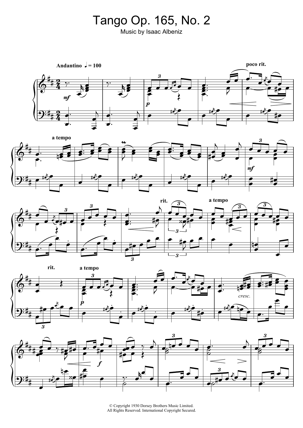 Isaac Albéniz Tango Op. 165, No. 2 sheet music notes and chords arranged for Piano Solo